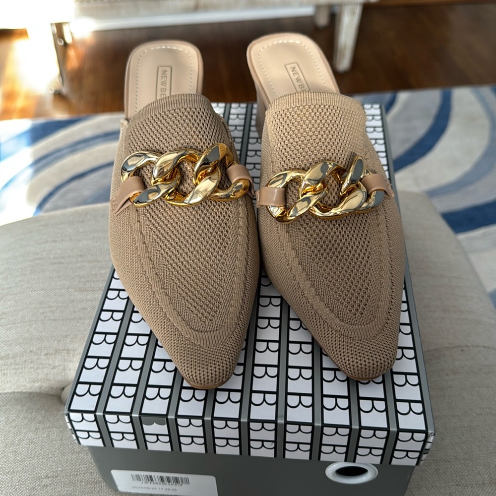 New Bella tan mules with gold link
